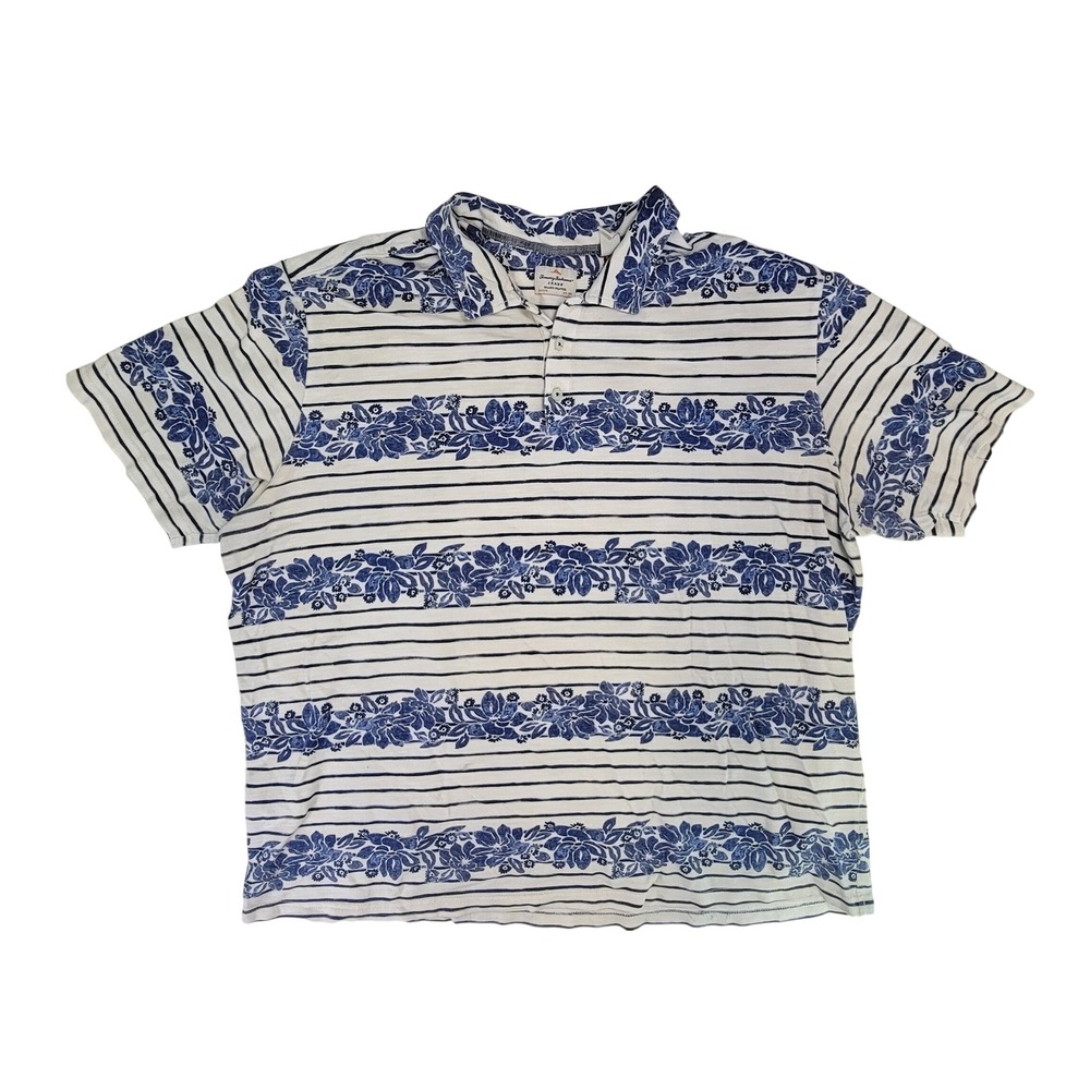 Tommy Bahama Jeans Mens 3XL Blue White‎ Stripe Floral Aloha Polo Shirt
